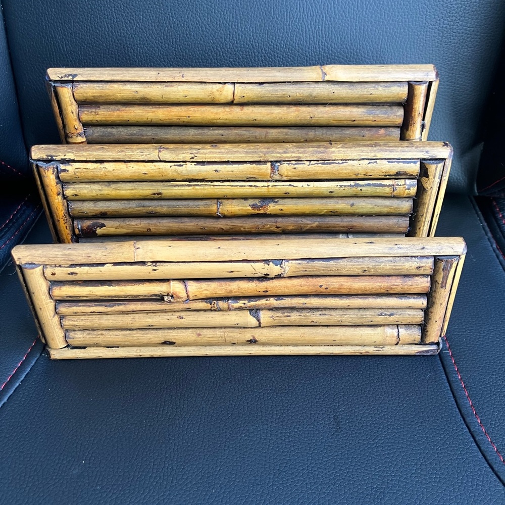 Vintage Beautiful Bamboo Wood Desk Mail/Letter Storage Organizer Holder 5” Tall